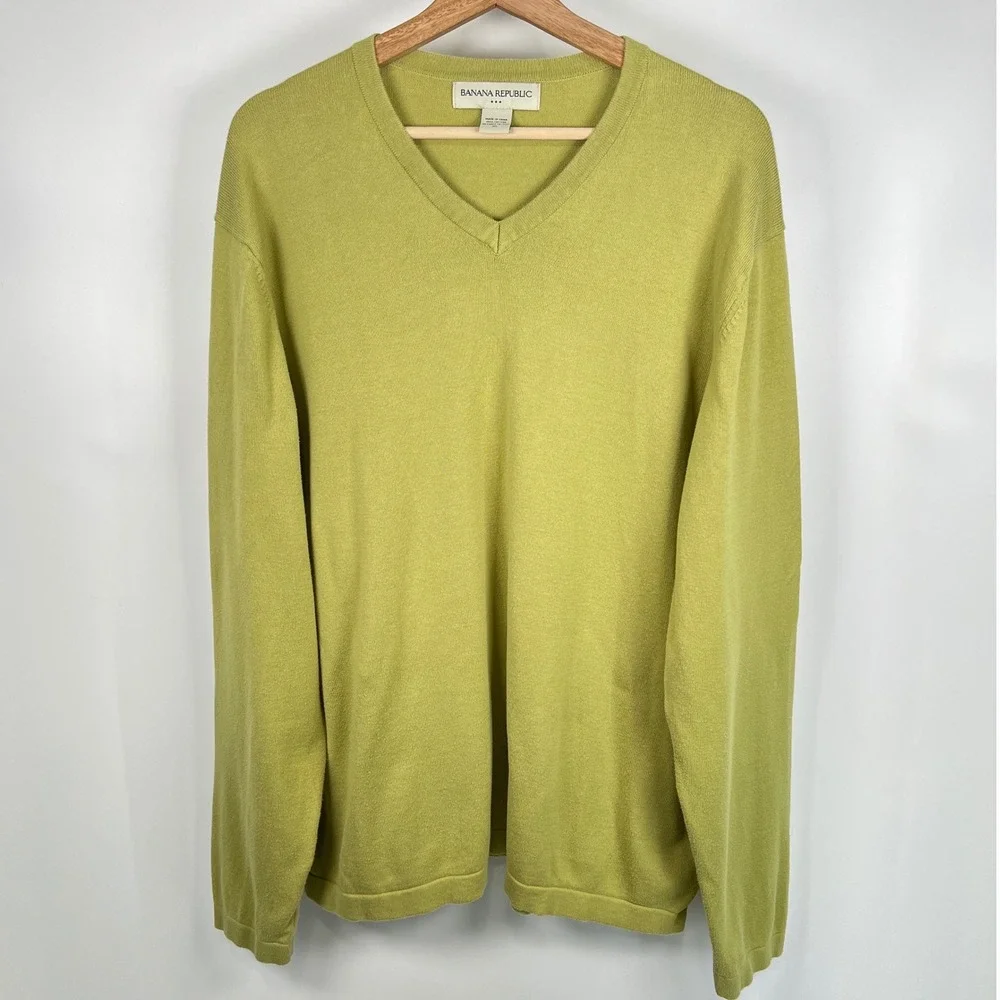 Banana Republic Mens XL Chartreuse‎ Green 100% Cotton V-Neck Sweater Y2K